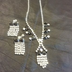 Vintage 1950 Clear and Black Rhinestone Necklace and Earring Set